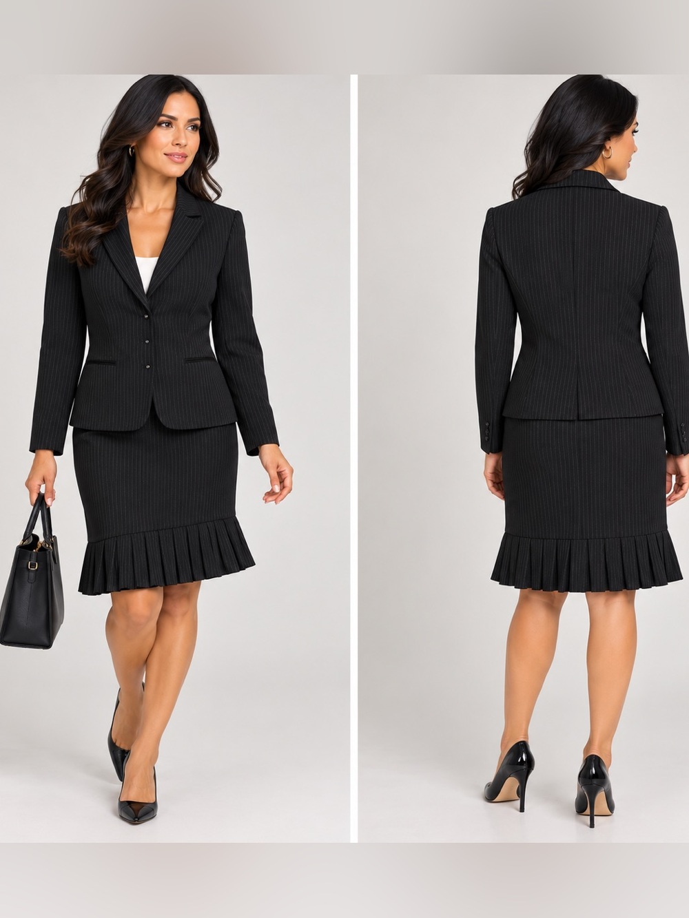 Tahari Black Pinstripe Pencil Skirt with Pleated Hem